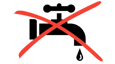 Czarny piktogram kranu z jedną kroplą wody zwisającą z wylotu. Przez środek obrazu przebiega duży czerwony znak zakazu w kształcie litery X, który przekreśla kran i kroplę. Tło jest białe.