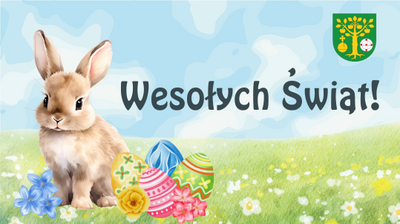 Ilustracja wielkanocna z królikiem, pisankami i napisem „Wesołych Świąt!”. Po lewej stronie znajduje się jasnobrązowy królik z dużymi uszami, siedzący na trawie; obok niego są niebieskie i żółte kwiaty. Na dole, bliżej środka, leży kilka kolorowych pisanek w paski i wzory (różowe, niebieskie, zielone) oraz różowe kwiaty. Tło to jasnozielona łąka z drobnymi białymi i żółtymi kwiatkami oraz jasnoniebieskie niebo z białymi chmurami. W prawym górnym rogu widać herb na zielonym tle, z żółtym drzewem i dwiema okrągłymi ozdobami po prawej stronie. Tekst na środku brzmi: „Wesołych Świąt!”.