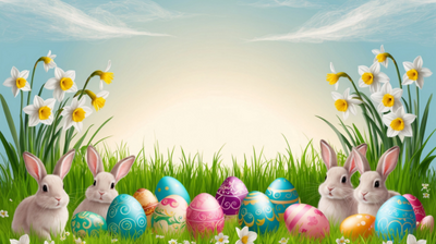 Ilustracja wiosenno-wielkanocna z kolorowymi pisankami i królikami na łące. Na dole obrazu znajduje się pas zielonej trawy, a w trawie leży wiele pisanek w pastelowych kolorach (różowe, niebieskie, turkusowe, fioletowe, pomarańczowe i żółte) z dekoracyjnymi wzorami. Po lewej stronie w trawie siedzą dwa jasnoszare króliki z różowymi wnętrzami uszu; obok nich stoją białe kwiaty z żółtymi środkami na długich zielonych łodygach. Po prawej stronie siedzą dwa podobne króliki, również otoczone pisankami, a nad nimi rosną kolejne białe kwiaty na łodygach. Tło to jasne, rozświetlone niebo w odcieniach błękitu i kremu, z delikatnymi, pociągniętymi chmurami; środek obrazu jest najjaśniejszy, jakby oświetlony słońcem poza kadrem.