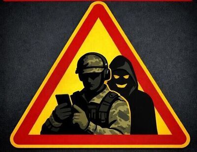 Na środku znajduje się duży trójkątny znak ostrzegawczy (żółte wnętrze, czerwona obwódka). W jego wnętrzu jest grafika przedstawiająca żołnierza w mundurze maskującym i hełmie, trzymającego telefon. Za nim stoi postać w czarnym kapturze z żółtymi oczami i uśmiechem, stylizowana na oszusta.