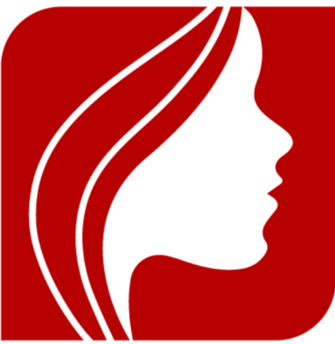 Logo Akademii Rozwoju- grafika biało-czerwona, profil kobiecej twarzy.
