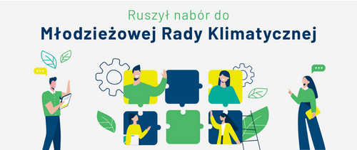 Grafika Młodzieżowej Rady Klimatycznej- sylwetki ludzi i ikonki liści w tonacji zielono-granatowej