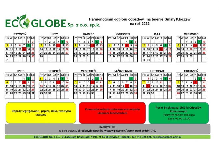 Nowy harmonogram odbioru odpadów komunalnych na rok 2022