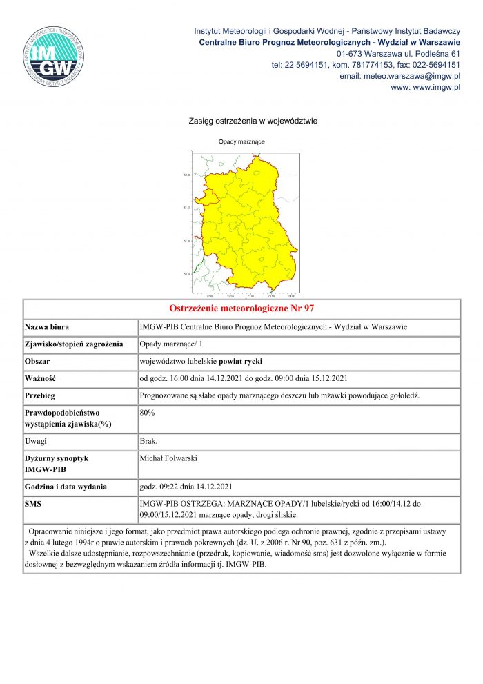 Ostrzeżenie przed marznącym deszczem