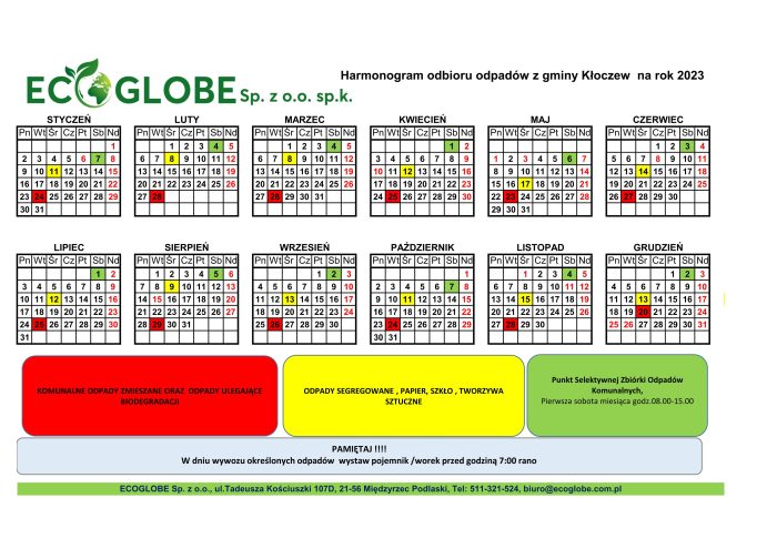 Harmonogram odbioru odpadów na 2023 r.
