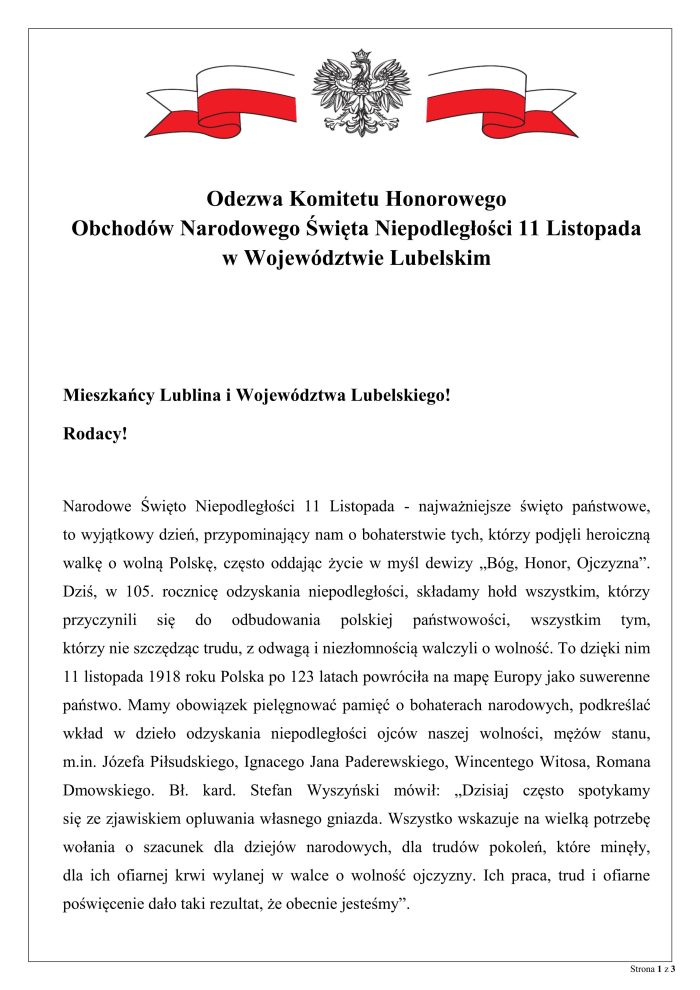 Odezwa Komitetu Honorowego Obchodów Narodowego Święta Niepodległości 11 listopada 2023