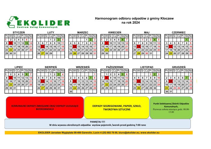 Harmonogram odbioru odpadów komunalnych na rok 2024