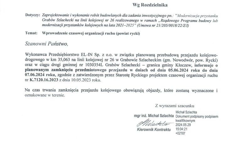 Informacja o zamknięciu przejazdu kolejowego w Grabowie Szlacheckim