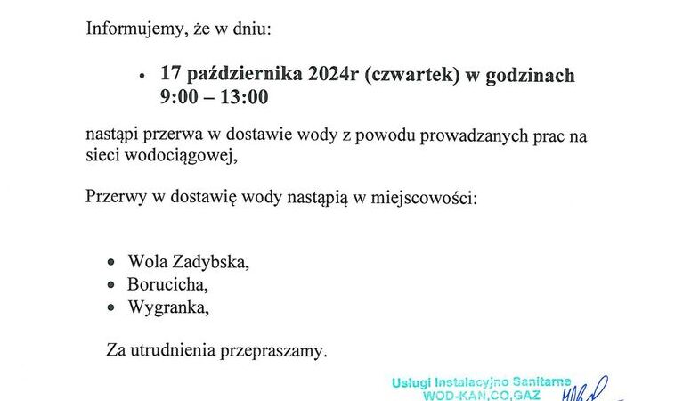 Informacja o przerwie w dostawie wody