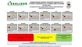 Grafika przedstawia kalendarz z zaznaczonymi dniami odbioru poszczególnych rodzajów odpadów komunalnych