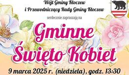 Na plakacie znajduje się zaproszenie na obchody gminnego święta kobiet wraz z programem występów.