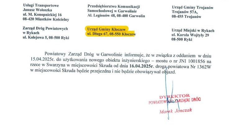 Most w Skrudzie gm. Trojanów pow. Garwoliński ODDANY do użytkowania