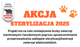 Plakat o sterylizacji zwierząt domowych, widnieje na nim zdjęcie psa i kota oraz informacje o akcji.