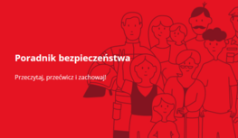 Grafika w kolorze czerwonym, postacie w formie obrysów. Białymi literami napisano poradnik bezpieczeństwa