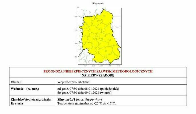 UWAGA - ostrzeżenie przed silnym mrozem!