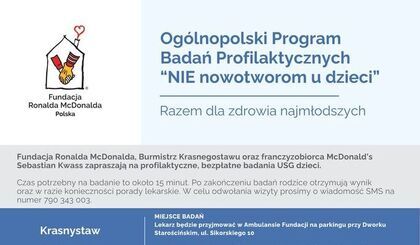 Bezpłatne Badania USG dla Dzieci – Program „NIE nowotworom u dzieci” Fundacji Ronalda McDonalda w Krasnymstawie -DODATKOWY NABÓR