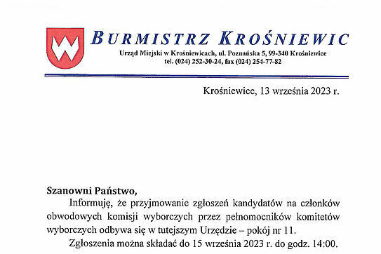 Przyjmowanie zgłoszeń kandydatów na członków obwodowych komisji wyborczych: Gmina Krośniewice