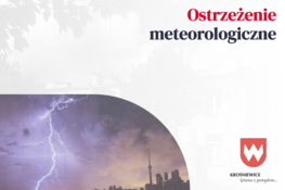 Napis Ostrzeżenie meteorologiczne, w lewym dolnym rogu zdjęcie piorunu, w prawym dolnym rogu Herb Krośniewic z napisem "Krośniewice Gmina z pomysłem....."