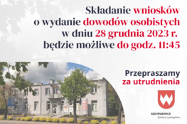 Grafika dekoracyjna - Składanie wniosków o wydanie dowodów osobistych w dniu 28 grudnia 2023 r. będzie możliwe do godz. 11:45 | Przepraszamy za utrudnienia