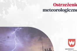 Napis Ostrzeżenie meteorologiczne, w lewym dolnym rogu zdjęcie piorunu, w prawym dolnym rogu Herb Krośniewic z napisem "Krośniewice Gmina z pomysłem....."