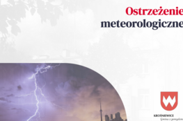 Napis Ostrzeżenie meteorologiczne, w lewym dolnym rogu zdjęcie piorunu, w prawym dolnym rogu Herb Krośniewic z napisem "Krośniewice Gmina z pomysłem....."