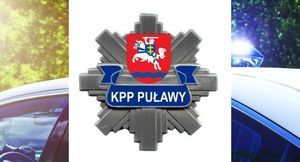 Logo KPP PUŁAWY na tle radiowozu