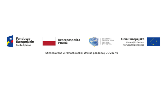 Logo Funduszy Europejskich i flaga Unii Europejskiej obok napisu "Sfinansowano w ramach reakcji Unii na pandemię COVID-19".