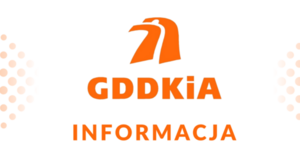 Logo GDDKiA z napisem "INFORMACJA" na pomarańczowym tle, otoczone graficznymi kropkami.