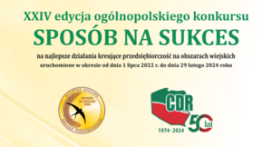 Plakat XXIV edycji konkursu "Sposób na sukces" z wizerunkiem orła, logami, datami od 1 lipca 2022 do 29 lutego 2024 i informacją o 50-leciu działalności organizatora.