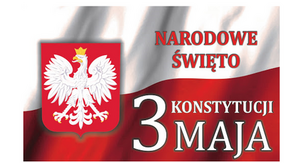 Plakat promujący Narodowe Święto Konstytucji 3 Maja z grafiką polskiej flagi i godłem Polski, białym orłem na czerwonym tle.