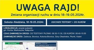 Powyżej znajduje się plakat informacyjny o zamknięciu dróg na terenie gminy Kurozwęki z powodu rajdu samochodowego Rajd Kielce zaplanowanego na dni 18-19.05. Szczegóły dotyczące lokalizacji, godzin oraz tras obstruction znajdują się na mapie i w tekście.