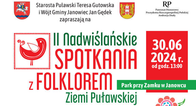 Plakat informacyjny o wydarzeniu "II Spotkania Folklorystyczne Ziemi Przykaszubskiej w Janowcu", które odbędzie się 30.06.2024 o godzinie 13:00. Zawiera szczegóły programu, zdjęcie grupy ludzi i logotypy sponsorów.