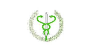 Znak medyczny z dwoma wężami oplatającymi szarą kadrą oraz otoczony zielonym wieńcem laurowym.