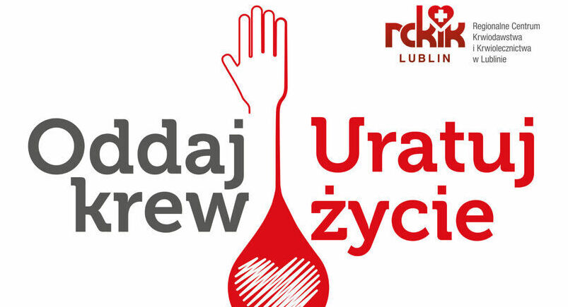 Plakat promujący akcję terenową oddawania krwi w Puławach. Hasła: "Oddaj krew, uratuj życie". Szczegóły: 17 marca 2025, godz. 8:30-13:00, Starostwo Powiatowe w Puławach. Organizator: RCKiK Lublin.