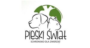 Logo przedstawia sylwetki psa i kota na tle zielonego kształtu przypominającego część globu. Pod nimi znajduje się napis "Pieski Świat" oraz "schronisko dla zwierząt".