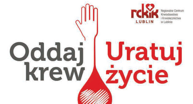 Plakat promujący akcję oddawania krwi z hasłem "Oddaj krew, ratuj życie". Wydarzenie odbędzie się 27 maja 2025 w Puławach, godziny 8:30-13:00. Widoczne są loga organizatorów.