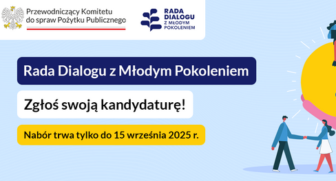 Zaprojektowana grafika promocyjna dotycząca Rady Dialogu z Młodym Pokoleniem. Widzimy animowane postaci trzymające dużą żarówkę i wspinające się po drabinie. Widnieją tu także terminy zgłoszeń i logotypy organizatorów.
