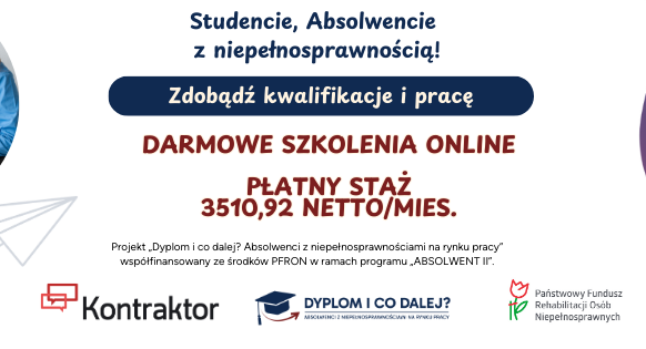 Młoda kobieta przy laptopie na niebieskim tle. Tekst zachęca studentów i absolwentów z niepełnosprawnościami do darmowych szkoleń online i płatnego stażu. Logotypy partnerów programu na dole grafiki.