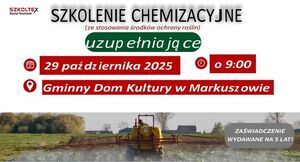 Plakat promujący szkolenie chemizacyjne. Zawiera datę, miejsce i godzinę, grafiki związane z rolnictwem, informacje kontaktowe i notkę o zaświadczeniu. Dominują kolory czerwony, zielony i biały.