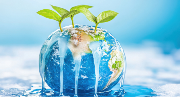 Mała kula ziemska pokryta lodem topnieje pod trzema wyrastającymi zielonymi pędami. Tło rozmyte, w odcieniach niebieskich, sugerujące wodę lub niebo. Symbolizuje zmiany klimatyczne i nadzieję na regenerację.