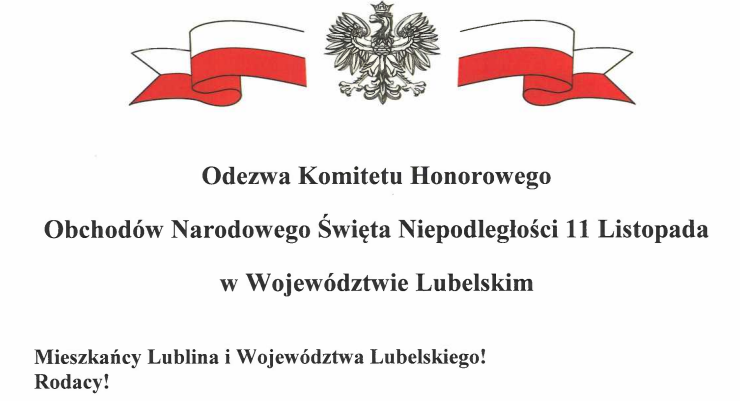 Odezwa Komitetu Honorowego z okazji Święta Niepodległości 11 listopada w województwie lubelskim. W tle polska flaga z godłem. Tekst zwraca się do mieszkańców Lublina i województwa.