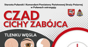 Plakat ostrzega przed tlenkiem węgla. Zawiera ikony związane z zagrożeniem i wykrywaniem czadu, hasło "Cichy zabójca", oraz porady dotyczące bezpieczeństwa. Wzywa do używania czujników tlenku węgla.