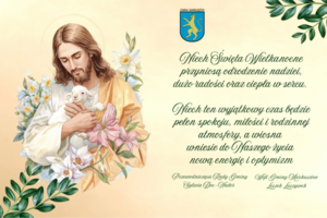Na obrazie widnieje wizerunek postaci z długimi włosami, trzymającej jagnię, otoczonej kwiatami. Po prawej herb gminy i życzenia na Wielkanoc dotyczące nadziei, radości i miłości, podpisane przez lokalne władze.
