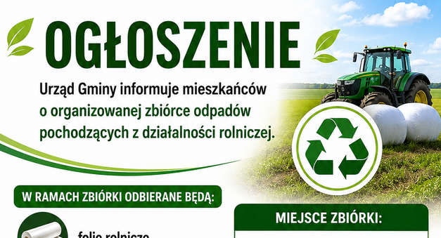 Plakat informuje o zbiórce odpadów rolniczych w Zabłociu (świetlica) 25.06.2026 r. Wymienia akceptowane odpady: folie rolnicze, siatki, opony, worki Big Bag. Pokazano traktor i odpady. Szczegóły w Urzędzie Gminy.