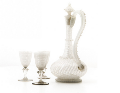 Carafe and glasses made of reticello glass