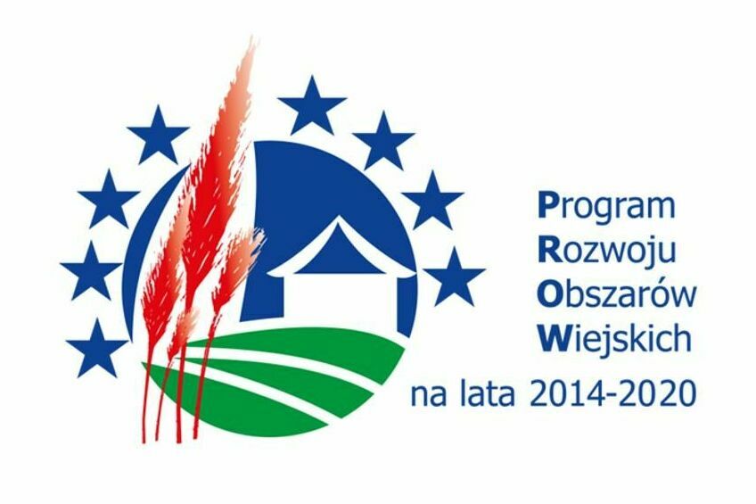 Logo Programu Rozwoju Obszarów Wiejskich na lata 2014-2020; niebieskie gwiazdy tworzą półkole nad zieloną i białą domkowatą ikoną, czerwone kłosy z lewej strony.