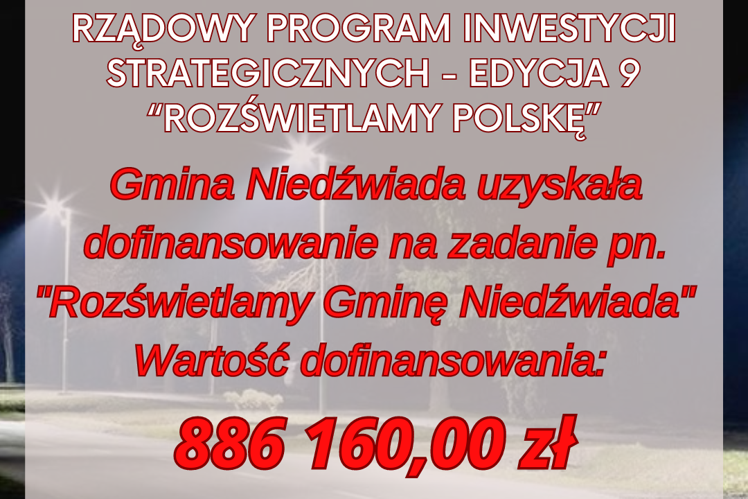 Grafika informacyjna z tekstem: "Strategicznych - Edycja 9", "Oświetlamy Polskę", "Gmina Niedźwiada uzyskała dofinansowanie na zadanie pn. 'Rozświetlamy Gminę Niedźwiada'; 886 160,00 zł", herb gminy w lewym górnym rogu.