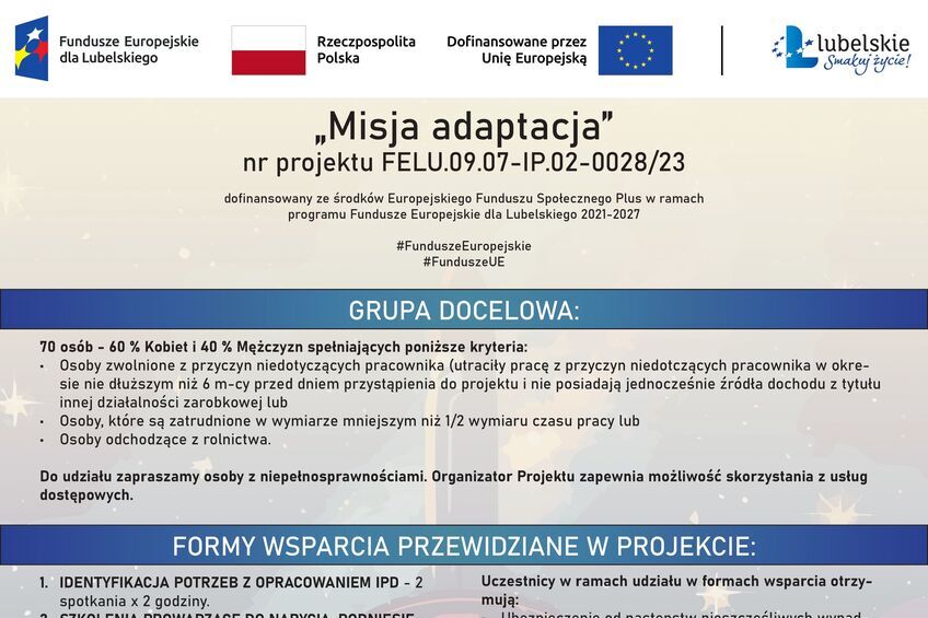 Obraz przedstawia plakat informacyjny o projekcie "Misja adaptacja" z informacjami o realizatorach, celach projektu, grupie docelowej oraz szczegółach dotyczących finansowania z Unii Europejskiej i Funduszu Spójności.