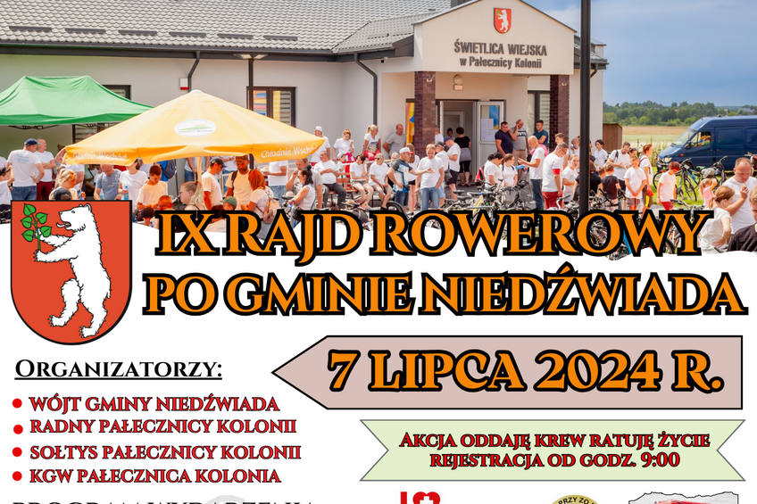 Opis obrazu: Plakat informacyjny o wydarzeniu "IX Rajd Po Gminie Rzewowia Kolonia" z datą 7 lipca 2024 roku. Zawiera listę wydarzeń, godziny rozpoczęcia, logo sponsorów oraz rysunki osób na rowerach i roweru.