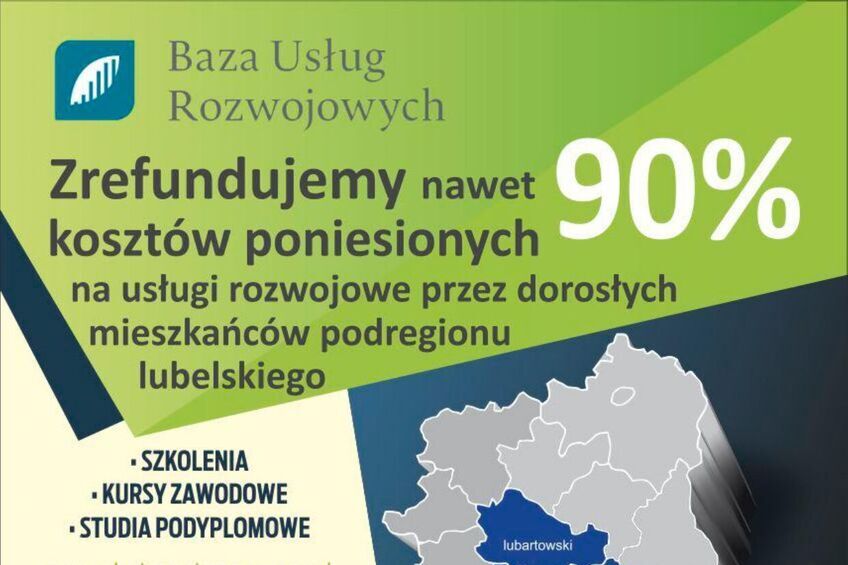 Plakat promocyjny o jasnym tle z mapą Polski akcentującą region lubelski, informujący o dostępności do 90% dofinansowania na usługi szkoleniowe dla mieszkańców regionu. Zawiera informacje kontaktowe, kody QR i logotypy.